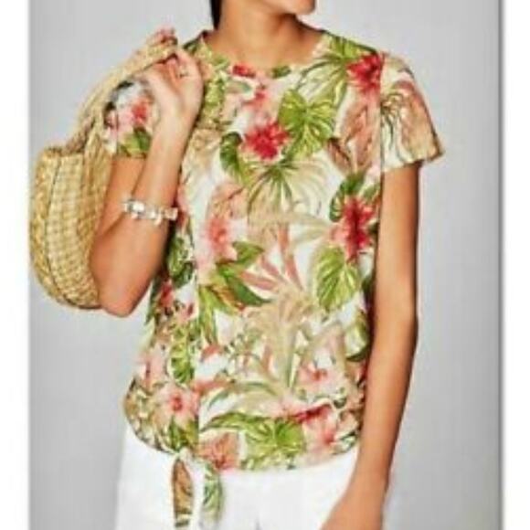 J. Jill Tops - J. Jill Love Linen Womens Size MP Aloha Top Floral Tropical Tie Hem Medium Tee